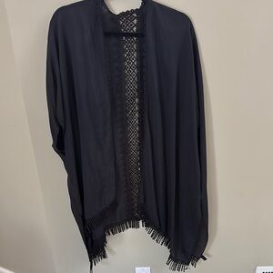 Black Open Front Kimono with Lace Trim